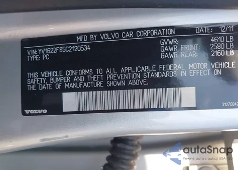 2012 Volvo S60 T5 z USA, uszkodzony, nr VIN YV1622FS5C2120534